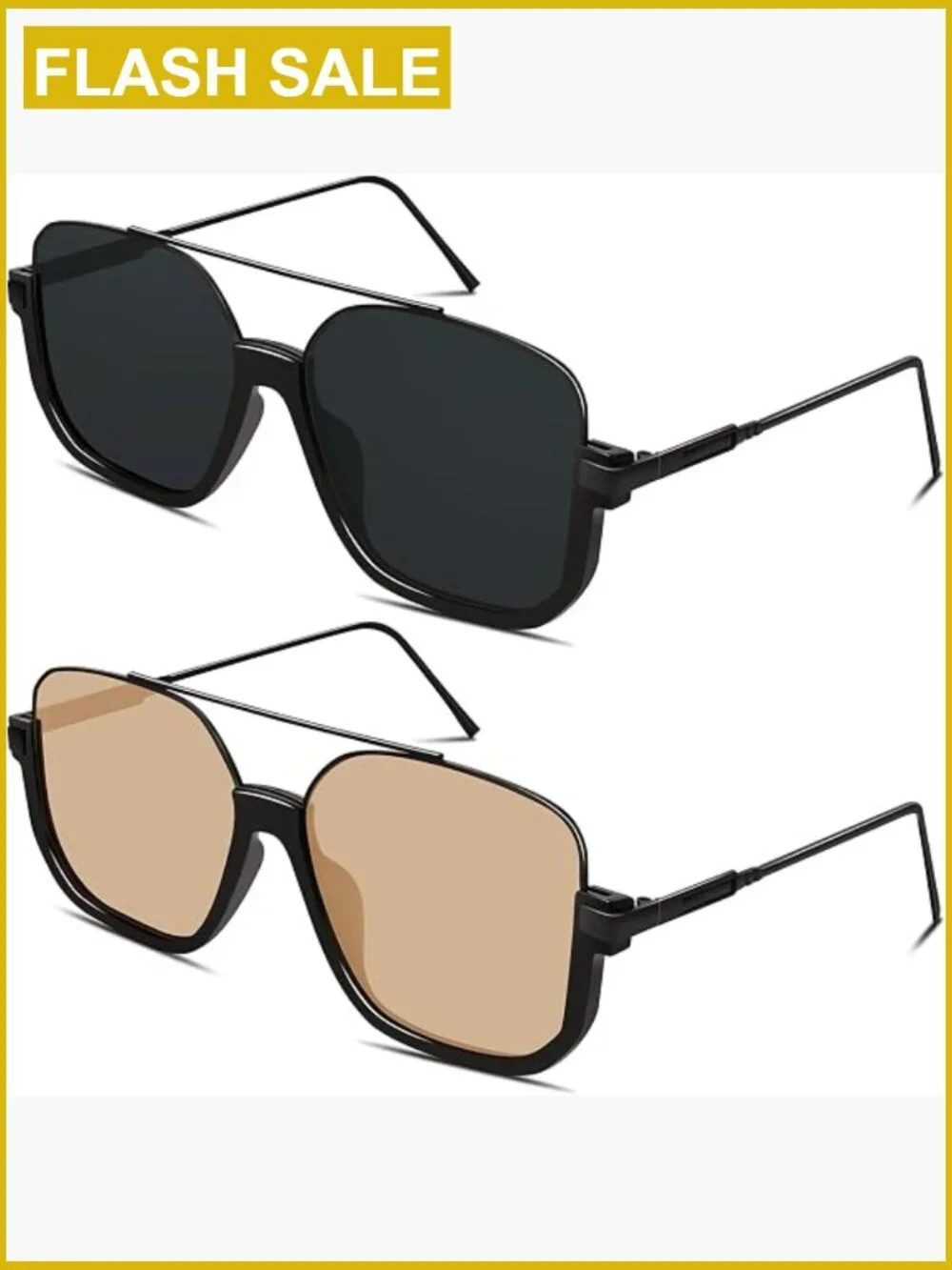 Retro Oversized Square Aviator Sunglasses UV400 Protection Double Bridge